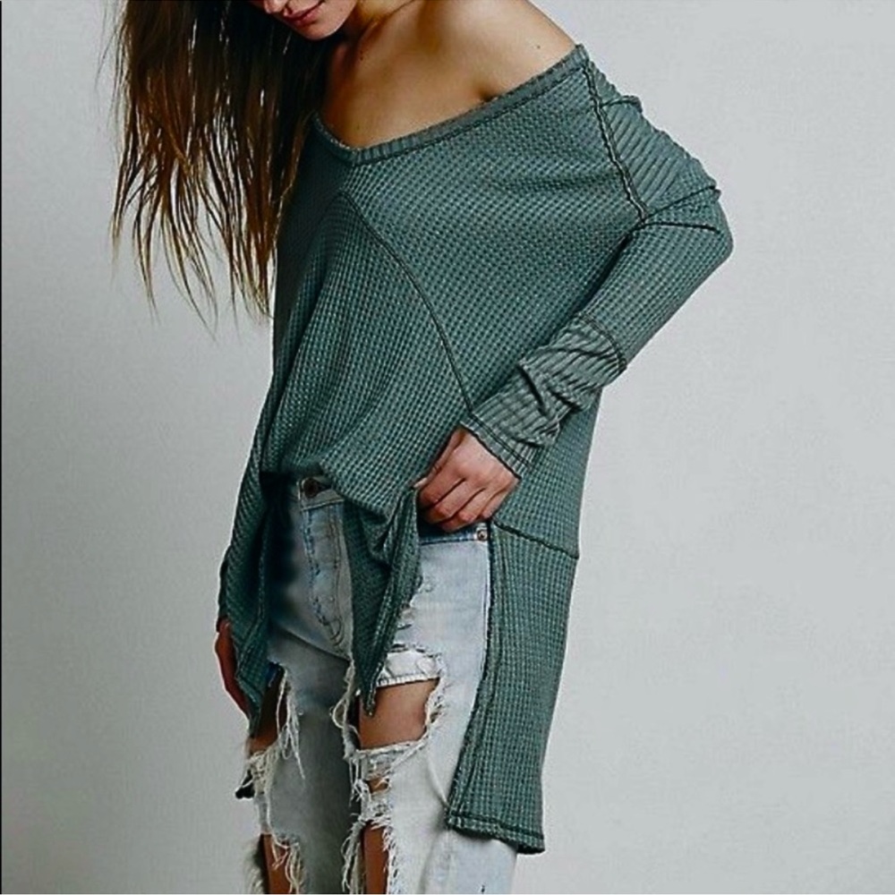 FREE PEOPLE Sunset Park Drippy Thermal Waffle Knit Top Emerald Green Medium